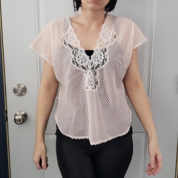 70s/80s‎ Sheer Pink Striped Sleep Shirt - Picture 1 of 4